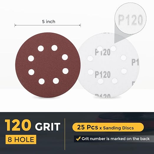 HARFINGTON 25 Pcs 5 Inch Sanding Discs 120 Grit Red Aluminum Oxide 8 Hole | - Image 2