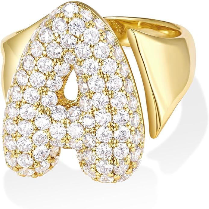 KissYan Bubble Initial Ring Valentines Day Gifts for Women, 14k Gold Plate Balloon Jumbo Letter Rings Open Adjustable Dainty Pave CZ Personalized Fashion Trendy Statement Jewelry