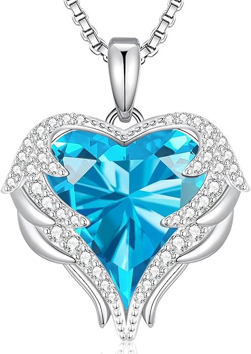 CDE Valentines Day Gifts for Women Angel Wings Necklace for Women with Birthstone, Love Heart Silver Tone/Gold Tone Pendant, Ideal Anniversary or Birthday Jewelry Gifts for Wife Girlfriend Her