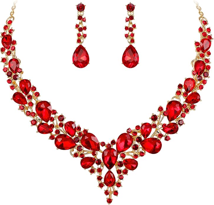 BriLove Women's Wedding Bridal Austrian Crystal Teardrop Cluster Statement Necklace Dangle Earrings Jewelry Set