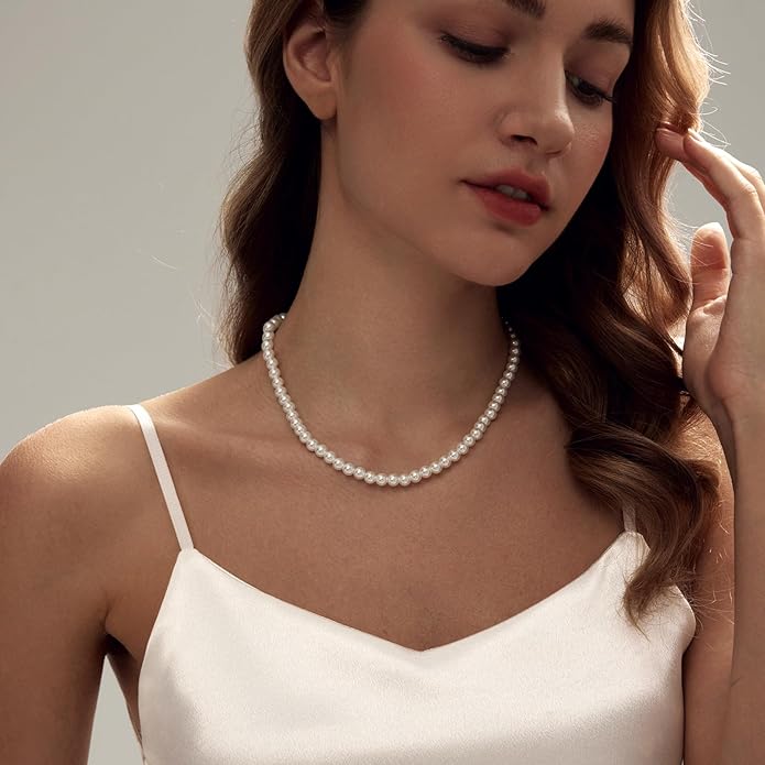 Zeffy Pearl Necklace 4MM/6MM/8MM Dainty Round Imitation Pearl Choker Necklace Wedding Pearl Necklace Delicate Jewelry for Women Simple Bridesmaid Jewelry Gifts