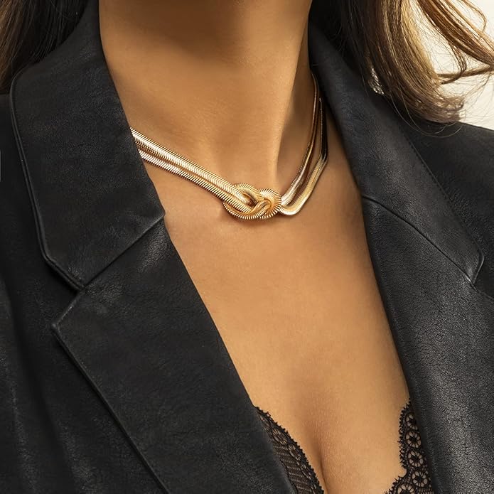 PLOUTOS Chunky Gold Knot Choker Necklace for Women Adjustable Double Snake Chain Design Bold Statement Fashion Jewelry Accessory For Party Daily Wear Gift