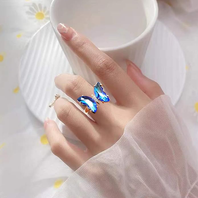 MISS RIGHT Butterfly Crystal Jewelry Set with Butterfly Necklace Stud Earrings Bolo Bracelet Adjustable Ring for Women Trendy, Iridescent Y2K Dainty Butterfly Jewelry Gifts