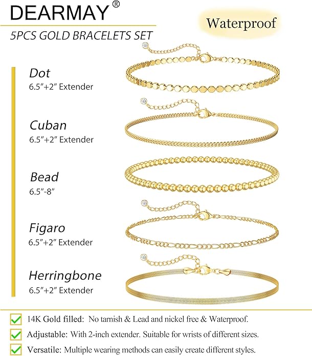 DEARMAY Gold Bracelets for Women Waterproof, 14K Gold Plated Jewelry Sets Trendy Thin Dainty Stackable Cuban Link Paperclip Chain Bracelet Pack Fashion Accessories Gifts for Womens