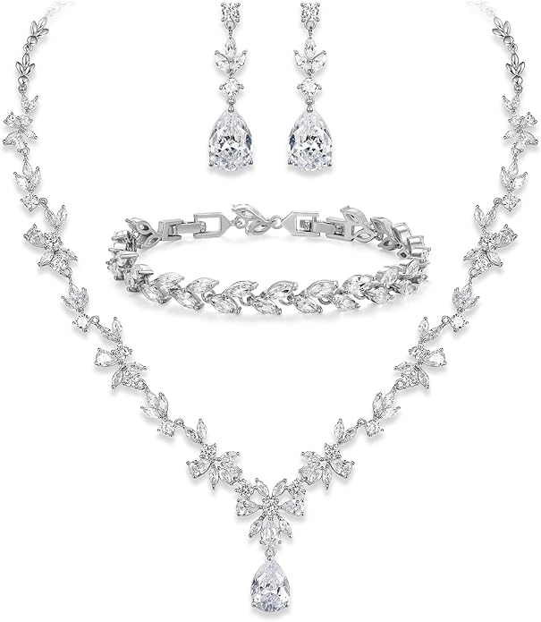 Crysdue Wedding Jewelry Set for Women, Floral Leaf Vine Teardrop Necklace Dangle Earrings Bracelet and Hair Comb, Cubic Zirconia Elegant Party Prom Jewellery for Bridal Bridesmaid