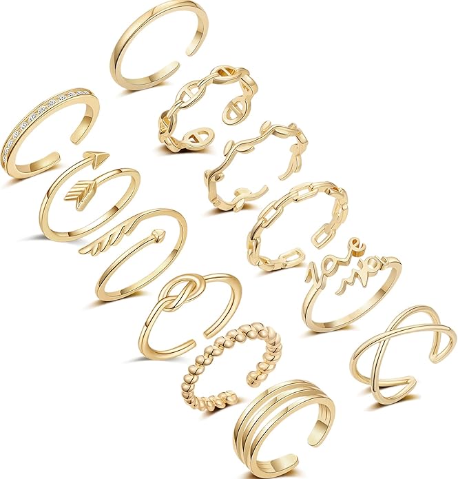 Honsny 12PCS Silver Plated Rings Adjustable Open Rings for Women Cute Gold Plated Stackable Thumb Rings Joint Chain Midi FingerArrow Knot Wave Band Rings Set