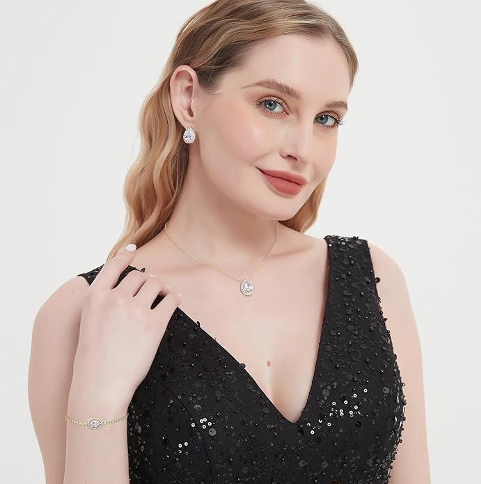 UDYLGOON Imitation Cubic Zironia Diamond Teardrop Earrings Necklace Bracelet Jewelry Set For Bride Bridesmaids Bridal Wedding Party Prom Jewelry Gift
