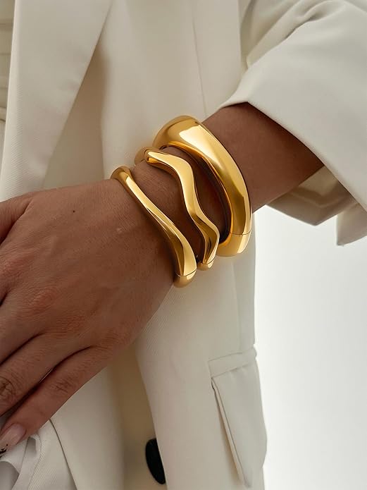 3Pcs Chunky Gold Bangles Bracelets for Women, Spring Hinged Big Stackable Bangles Set, Trendy Cuff Bracelet Stack Fashion Jewelry Gifts