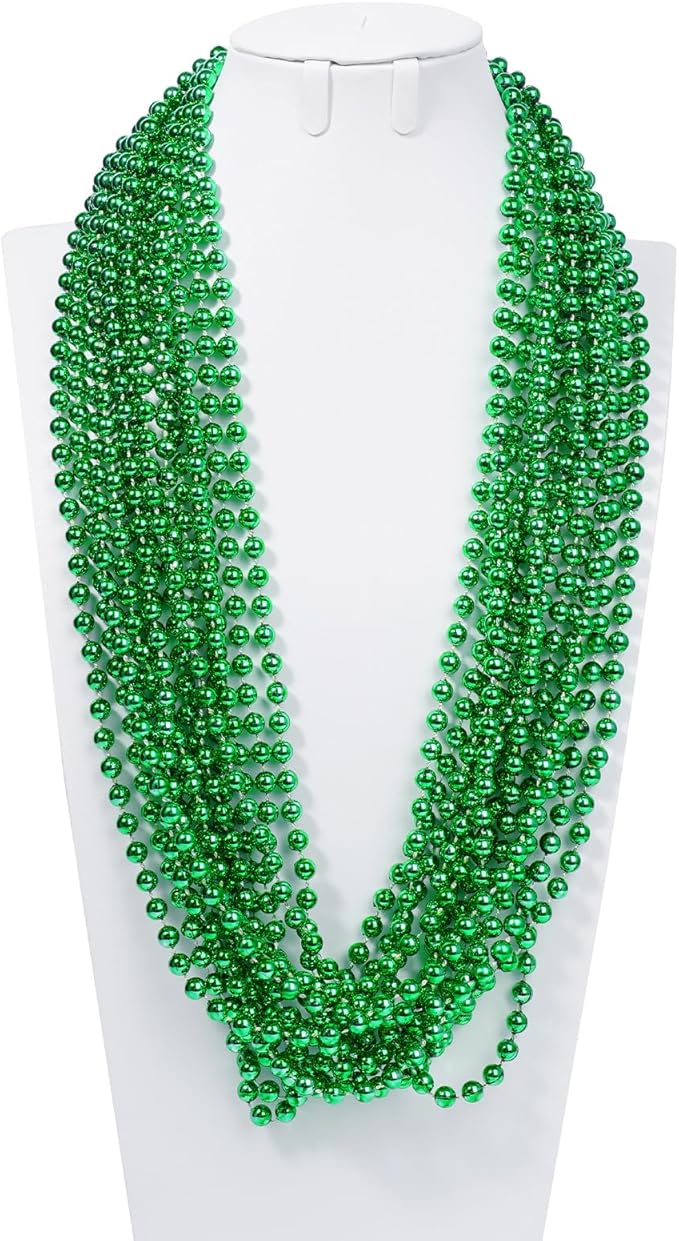 ZYFLSQ 100 Pcs 33" 7mm Metallic Green Beads Necklaces, Bulk Mardi Gras St. Partrick's Day Beaded Necklaces, Party Beads Costume Necklaces (Green)