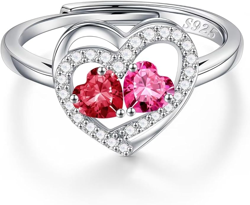 Iefil Adjustable Ring for Women - 925 Sterling Silver Double Birthstone Rings, Anniversary Birthday Gifts for Women Wife Her