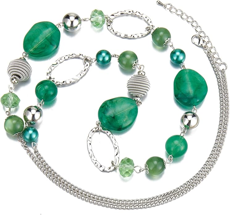 BULINLIN Beaded Long Necklace for Women Silver Sweater Chain Necklace with Crystal Resin Beads, Fashion Jewelry Necklace