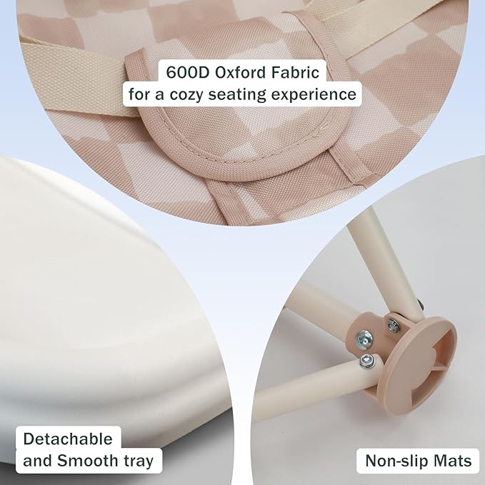 Tiny Marvels Portable 3-in-1 Baby Chair, Cozy Booster Seat, Baby Seat with Tray, Compact Foldable, Toddler Chair with Child Safety Belt Carry Bag, Perfect for Travel (Sand Checker)