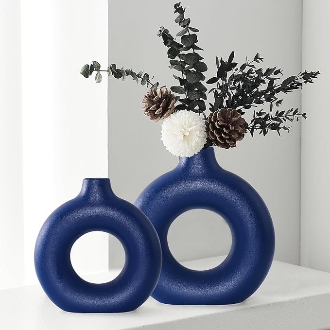 Blue Ceramic Donut Vase Set of 2, Hollow Round Matte Pampas Flower Vases by Hanaomaoyi