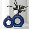 Blue Ceramic Donut Vase Set of 2, Hollow Round Matte Pampas Flower Vases by Hanaomaoyi