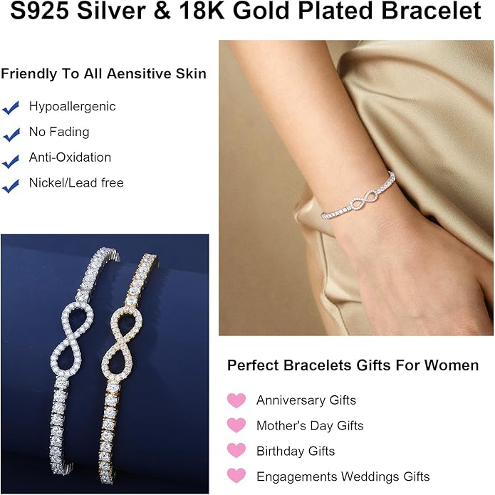 Moissanite Tennis Bracelets For Women, S925 Sterling Silver Infinity Bracelet, 3MM Width 18K Gold Plated White Gold Adjustable Bolo Bracelets- Birthday Christmas Gifts For Mom Wife Her