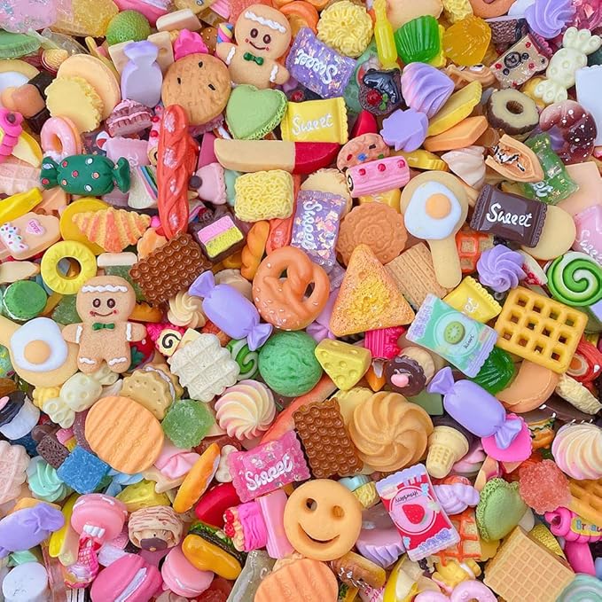Ulalaza 100pcs Cute Slime Charms Mixed Set Resin Flatback for DIY Craft Making Ornament Scrapbooking Beads Assorted Candy Fruit Cake Trellis