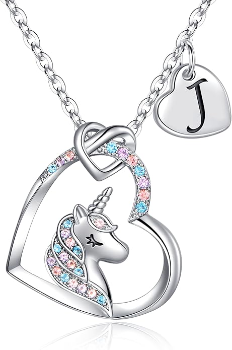 Hidepoo Valentines Gifts for Kids Girls - Unicorn Necklace Gifts for Teen Girls Kid, Colorful CZ Heart Pendant Initial Unicorn Necklaces for Girl Jewelry Birthday Gift for Girl Kid