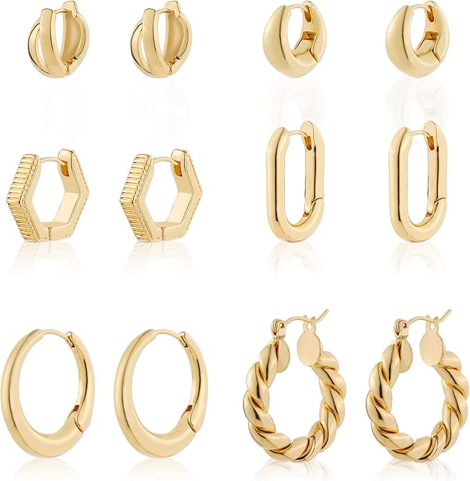 Wgoud 6 Pairs Gold Hoop Earrings Set for Women, 14K Gold Plated Hypoallergenic Lightweight Chunky Open Huggie Hoops Earrings Jewelry for Gifts.