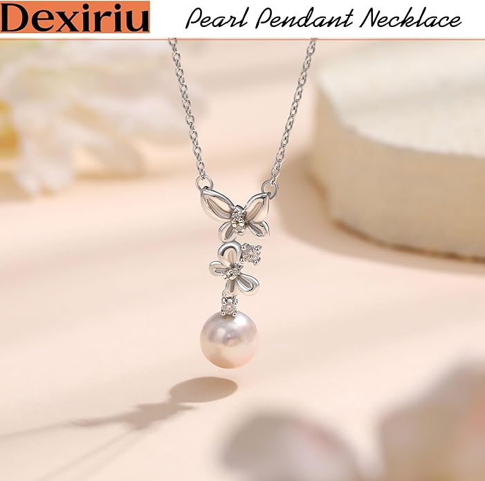 Pearl Necklace for Women with 14K Gold Plated S925 Silver & Butterfly Pendant Necklace, 17.7"+2" Chain Length, Gift for Birthday, Mothers Day, Christmas, Anniversary, Graduation