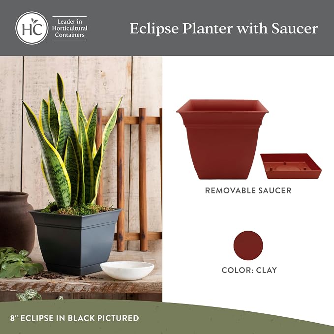 The HC Companies Eclipse Square Planter Pot, 12 Inch, Attached Saucer, Drainage - Image 2