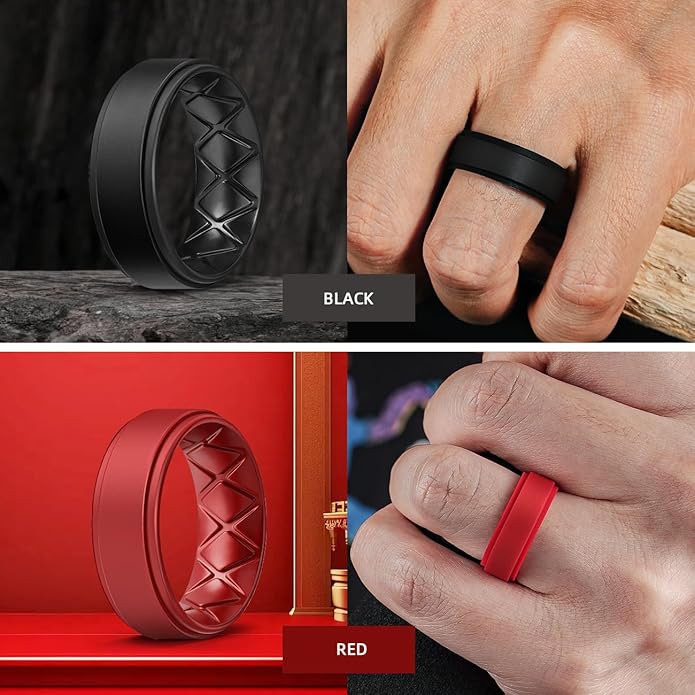 Egnaro Silicone Rings for Men 1/4/5/6/7 Multipack of Breathable Mens Silicone Rubber Wedding Rings Bands - Step Edge