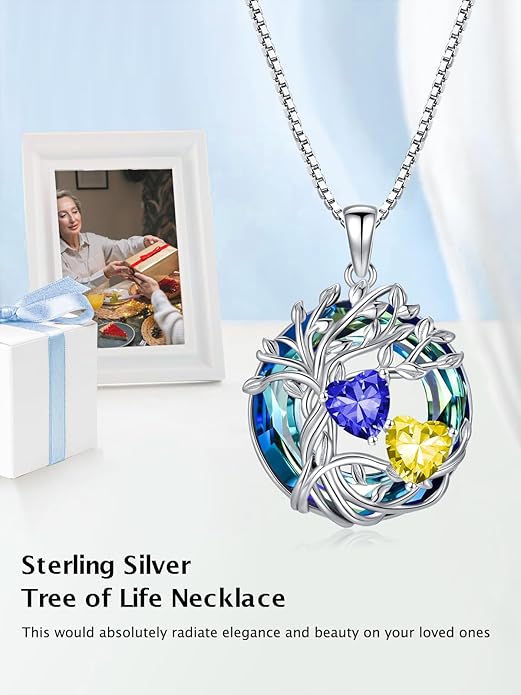 TOUPOP s925 Sterling Silver Family Celtic Tree of Life Pendant Necklaces with 2 Heart Birthstone with Blue Austrian Crystal Jewelry Birthday Valentines Day Gifts for Her, Anniversary Christmas Gifts for Wife Girlfriend Mom (18K Real White Gold Filled)