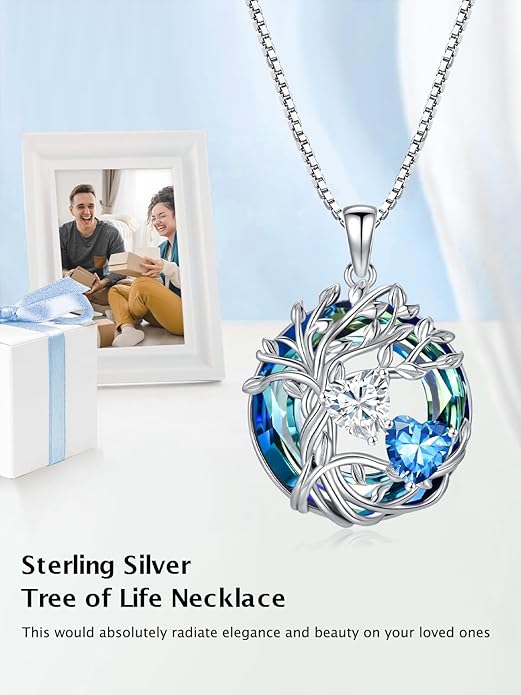 TOUPOP s925 Sterling Silver Family Celtic Tree of Life Pendant Necklaces with 2 Heart Birthstone with Blue Austrian Crystal Jewelry Birthday Valentines Day Gifts for Her, Anniversary Christmas Gifts for Wife Girlfriend Mom (18K Real White Gold Filled)
