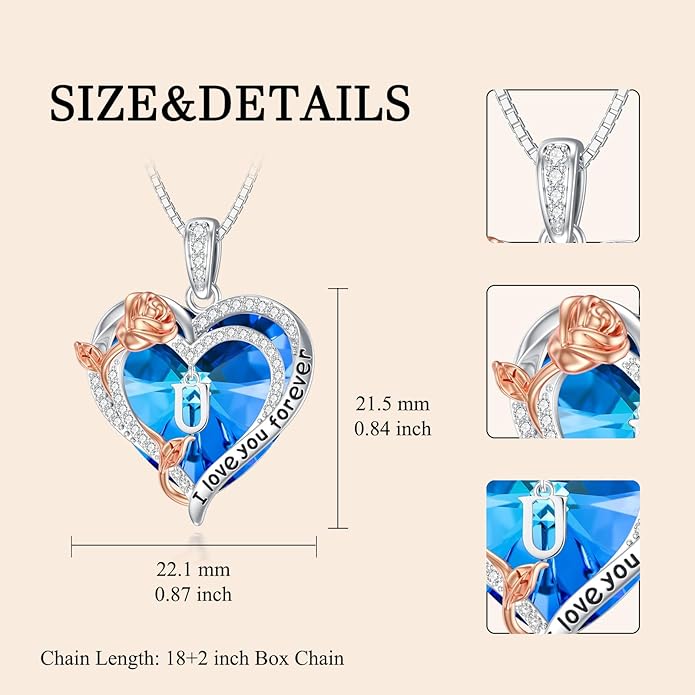 PELOVNY Rose Heart Initial Necklaces for Women S925 Sterling Silver Alphabet Letter Crystal Necklace Initial Pendant Jewelry Gifts for Mom Daughter Wife