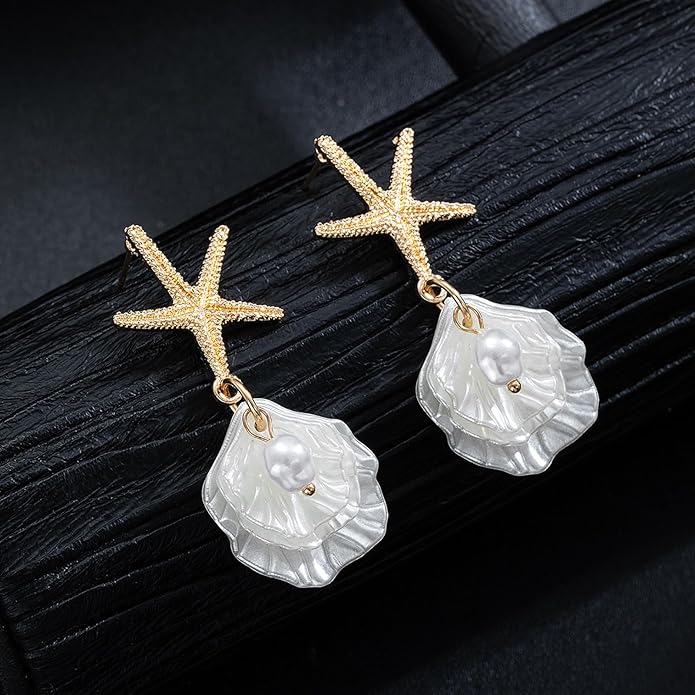 Seashell Starfish Earrings Beach Jewelry for Women Pearl Drop Shell Earrings Ocean Beachy Fashion Accessories Womens Summer Outfits 2026 Tropical Vacation Outfits Beach Vacation Clothes Dresses