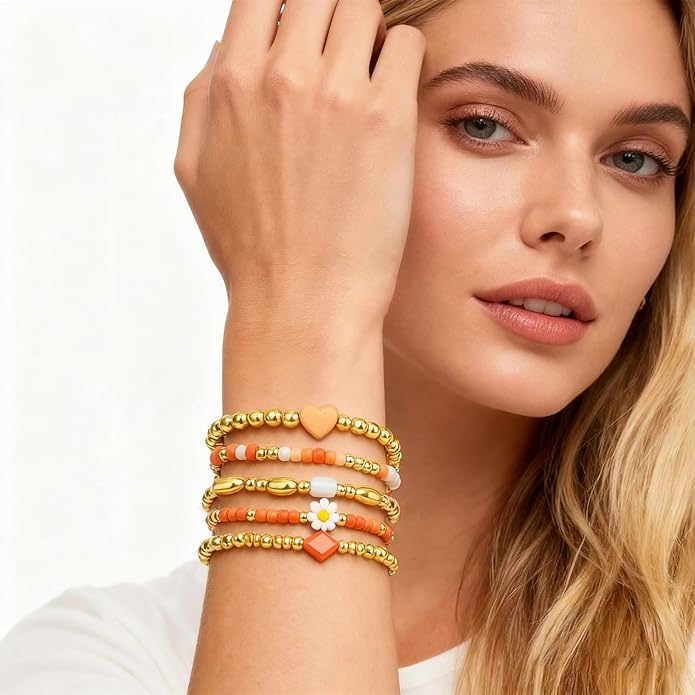 Gold Bracelets for Women Waterproof, 14K Gold Plated Beaded Cross Bracelets Set,Boho Stretch Bracelets Stackable Jewelry for Women Teenage Girls Jewelry Christmas Gifts