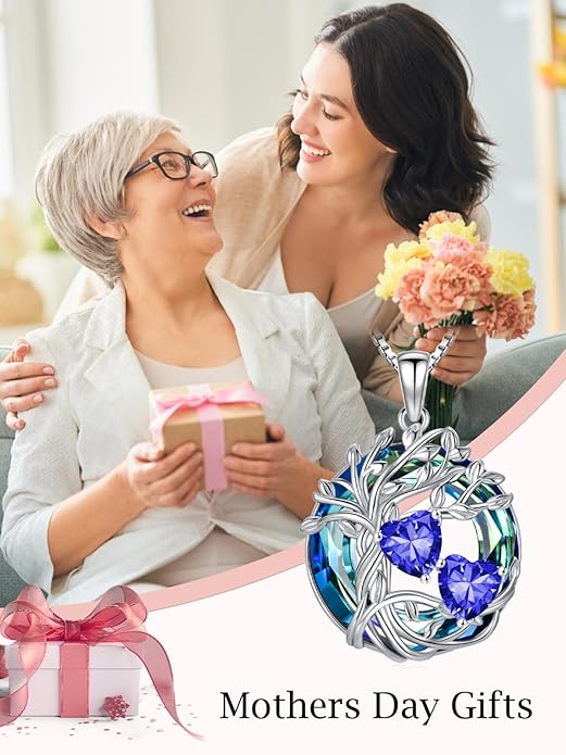 TOUPOP s925 Sterling Silver Family Celtic Tree of Life Pendant Necklaces with 2 Heart Birthstone with Blue Austrian Crystal Jewelry Birthday Valentines Day Gifts for Her, Anniversary Christmas Gifts for Wife Girlfriend Mom (18K Real White Gold Filled)