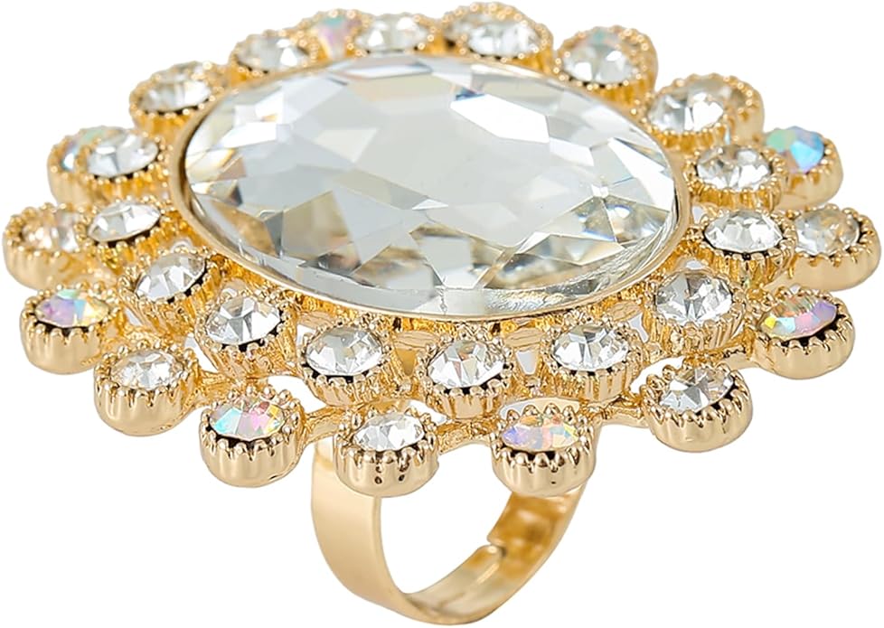 PINK TOWN Vintage Rhinestone Glass Finger Rings,Fashion Crystal Adjustable Open Wrap Knuckle Ring Boho Big Oval Stackable Rings Statement Ring Engagement Wedding Cocktail Party Rings Jewelry