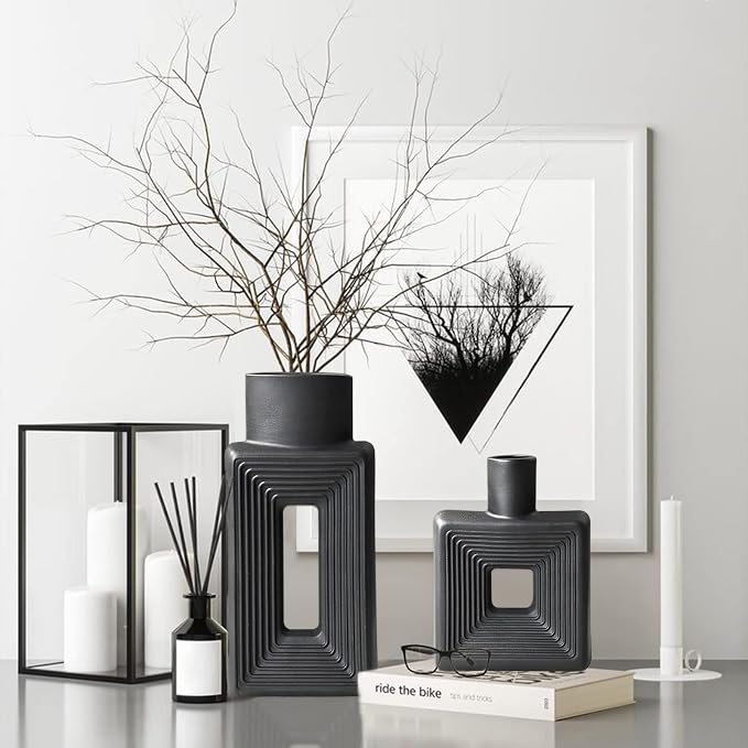 Black Ceramic Vase Set of 2，Square Vase Rustic Home Decor Minimalist Nordic - Image 7