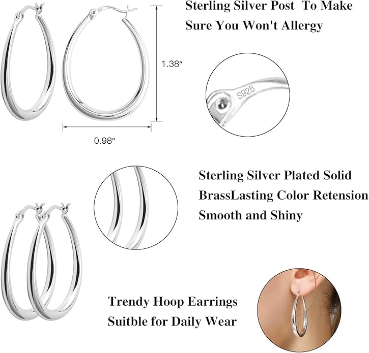Silver Oval Hoop Earrings Hypoallergenic 14K Gold Plated Sterling Silver Lightweight Oval Hoop Earrings for Women Gilrs