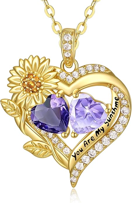 Sunflower Heart Necklace for Women 14K Gold Exquisite Valentines Day Anniversary Birthday Gifts for Wife Mother Her Double Birthstone Pendant Jewelry‘You Are My Sunshine’