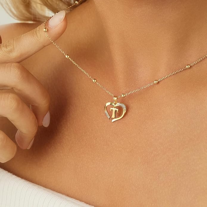 Cicy Bell Womens Heart Initial Necklace for Women 18k Gold Plated Shell Personalized Letter Pendant Necklace 17.7'' with 2'' Extender