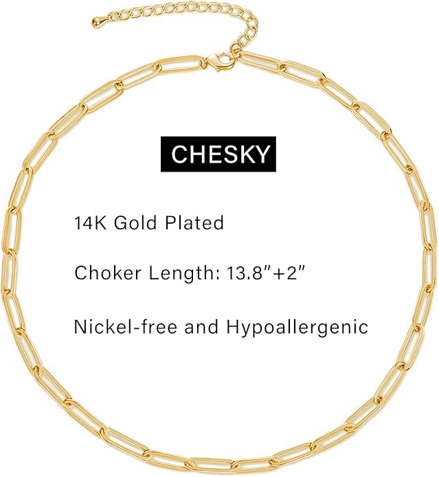 CHESKY 14k Gold Plated/Silver Plated Dainty Necklace for Women, Trendy Satellite Choker Necklace Thin Beaded Layered Choker Necklaces Discs Paperclip Chain Necklaces Womens Simple Jewelry