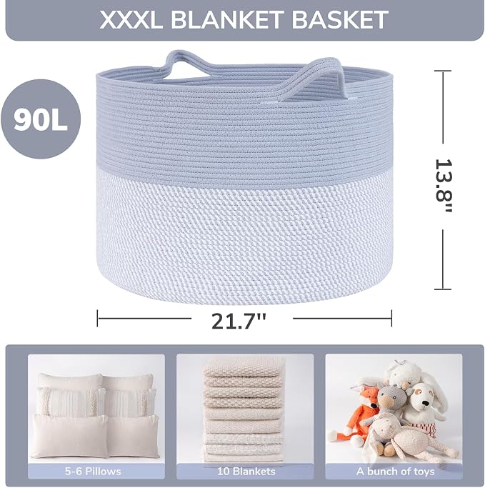 INDRESSME XXXLarge Woven Rope Blanket Basket Living Room Blue, 90L | 21.7" x - Image 3