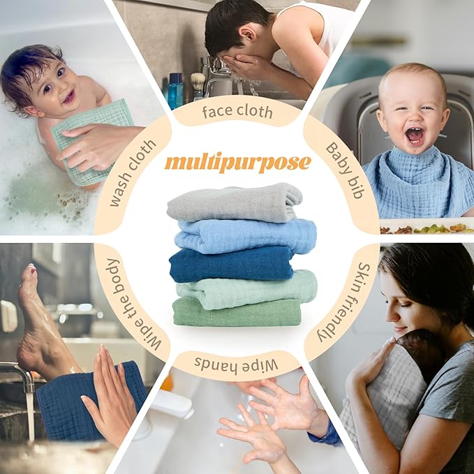 Baby Burp Cloth 100% Cotton Newborn Cotton Muslin Burp Cloth 10x20 inches (Blue & Green 5 Pieces)