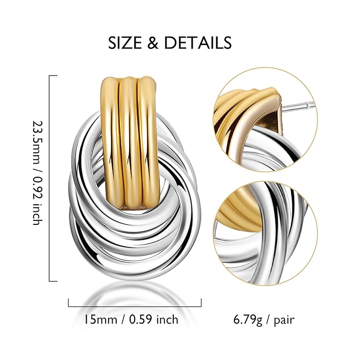 Knot Link Earrings Chunky, Circle Drop Dangle Statement Studs for Women, Silver and Yellow