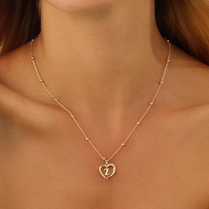 Cicy Bell Womens Heart Initial Necklace for Women 18k Gold Plated Shell Personalized Letter Pendant Necklace 17.7'' with 2'' Extender