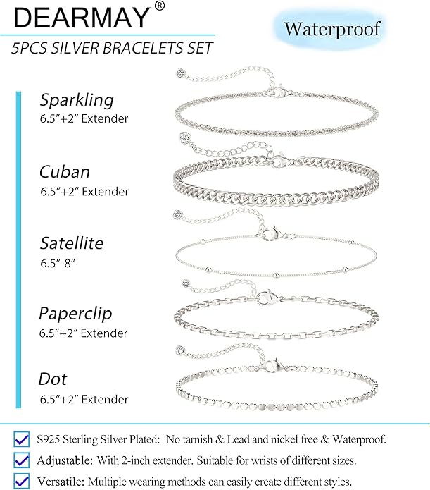 DEARMAY Dainty Silver Plated Bracelets for Women Trendy, Silver Jewelry Set for Women Bracelets for Women Paperclip Box Herringbone Figaro Rope Chain Bracelet Fashion Pack Gifts for Women