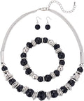 PEARL&CLUB Silver Beaded Statement Necklaces for Women Chunky Bead Necklace Bracelet and Earring Costume Jewelry Sets Gifts for Mom