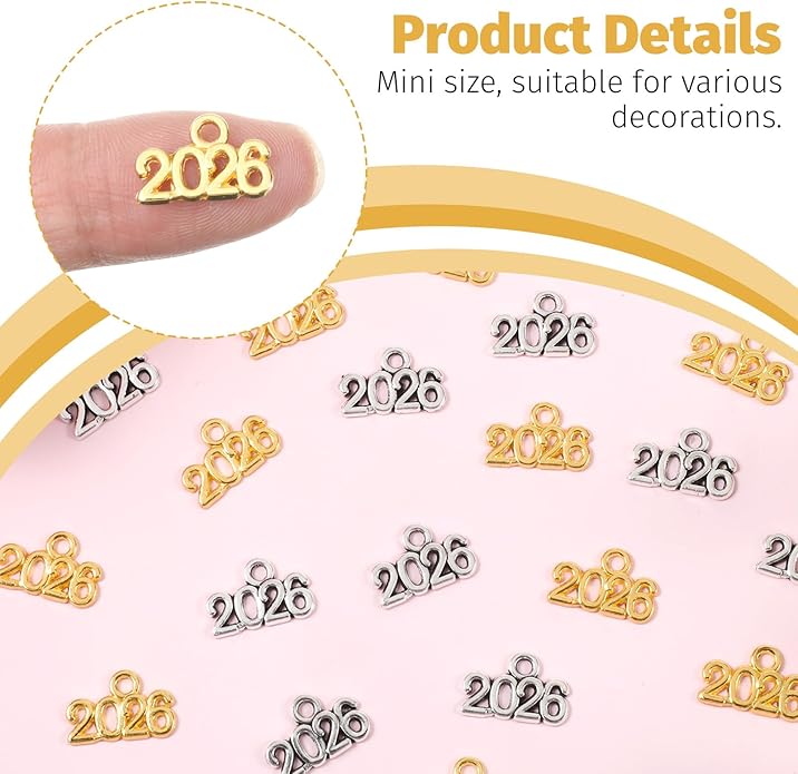 Larrel 140 Pcs 2026 Charms for Crafts, Alloy 2026 Charms for Ornaments, 1.4×0.9cm/0.56×0.36in Mini Letter Charm for Jewelry Making DIY Graduation Tassel Charm Supplies(Gold, Silver)