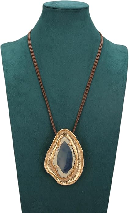 GelConnie Leather Necklace for Women Large Pendant Long Brown Necklace Circle Leather Choker Vintage Sweater Necklace Gold Chunky Boho Necklaces for Women