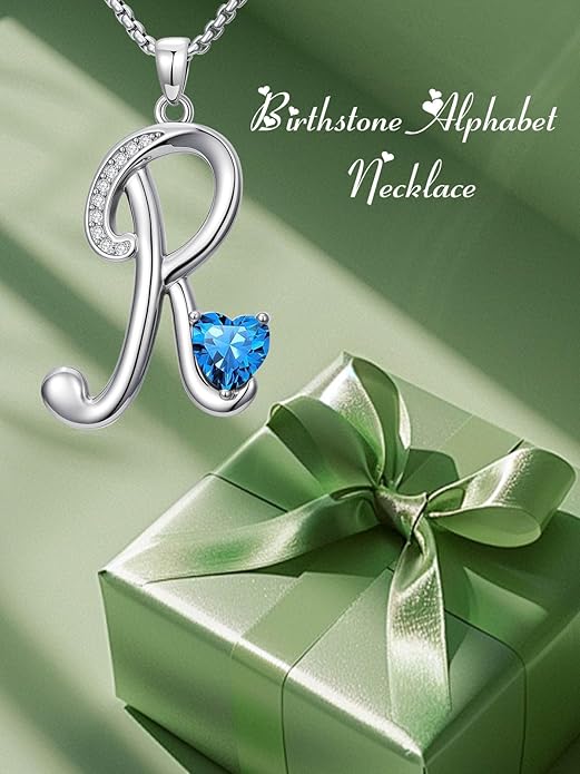 Valentines Day Gifts for Women Alphabet A to Z Initial Birthstone Pendant Necklaces for Women - 18k White Gold Plated Personalized Name Jewelry Valentine Mothers Day Birthday Gifts for Women Her Girlfriend