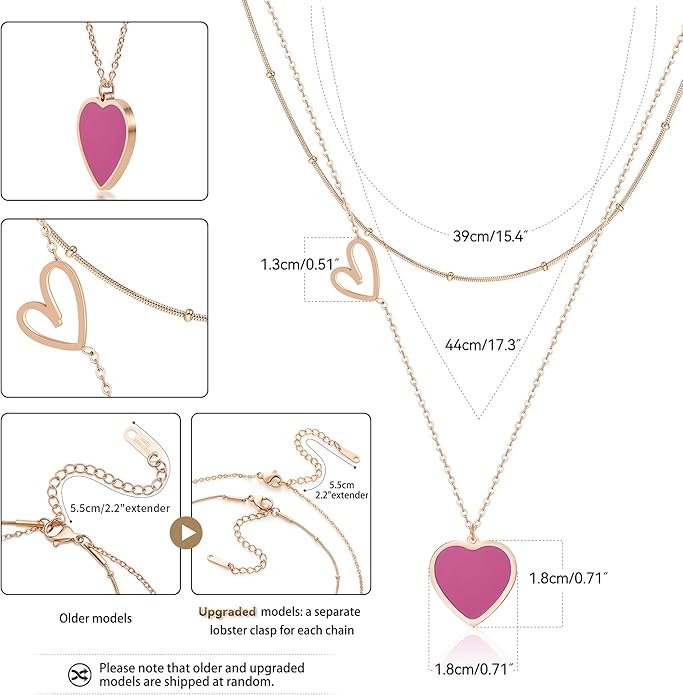 Linawe Layered Choker Heart Pendant Necklace for Women Trendy, Gold/Silver/Rose Gold Chain Stainless Steel Stacked Necklaces, Double Heart Necklace Y2K Preppy Jewelry