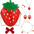 Yingzhao 6 Pieces Strawberry Jewelry Set Strawberry Purse Bag Earrings Red Necklace Bracelet Ring Charm gift for Women Teen Girls
