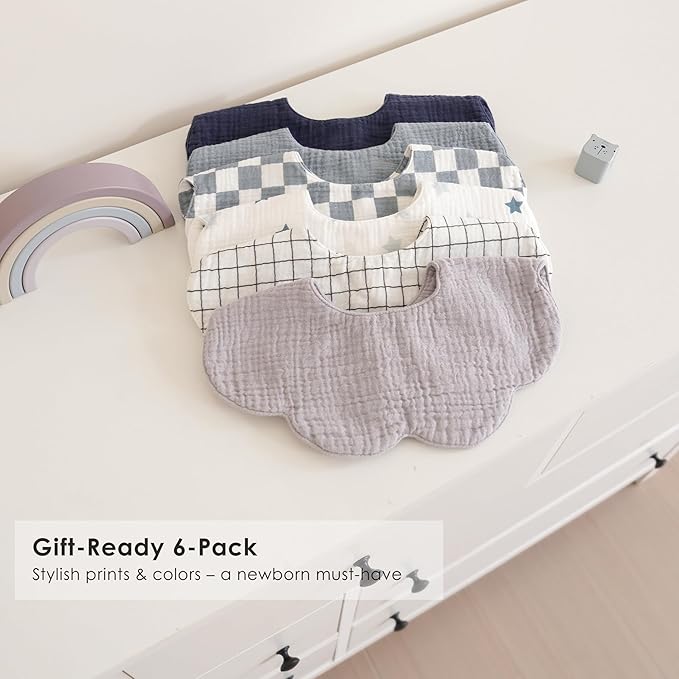 Muslin Baby Bibs, 6 Pack 100% Cotton Absorbent 360 ° Rotate Flower-Shaped Bandana Drool Bibs for Baby Girls & Boys