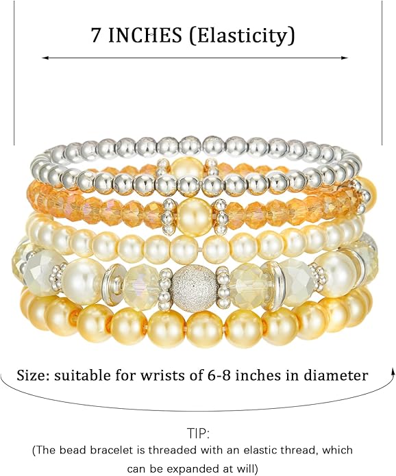 Noessla Beaded Pearl Stretch Bracelet Silver Stackable Crystal Beads Bracelets Trendy Costume Jewelry Mothers Day Gifts for Women